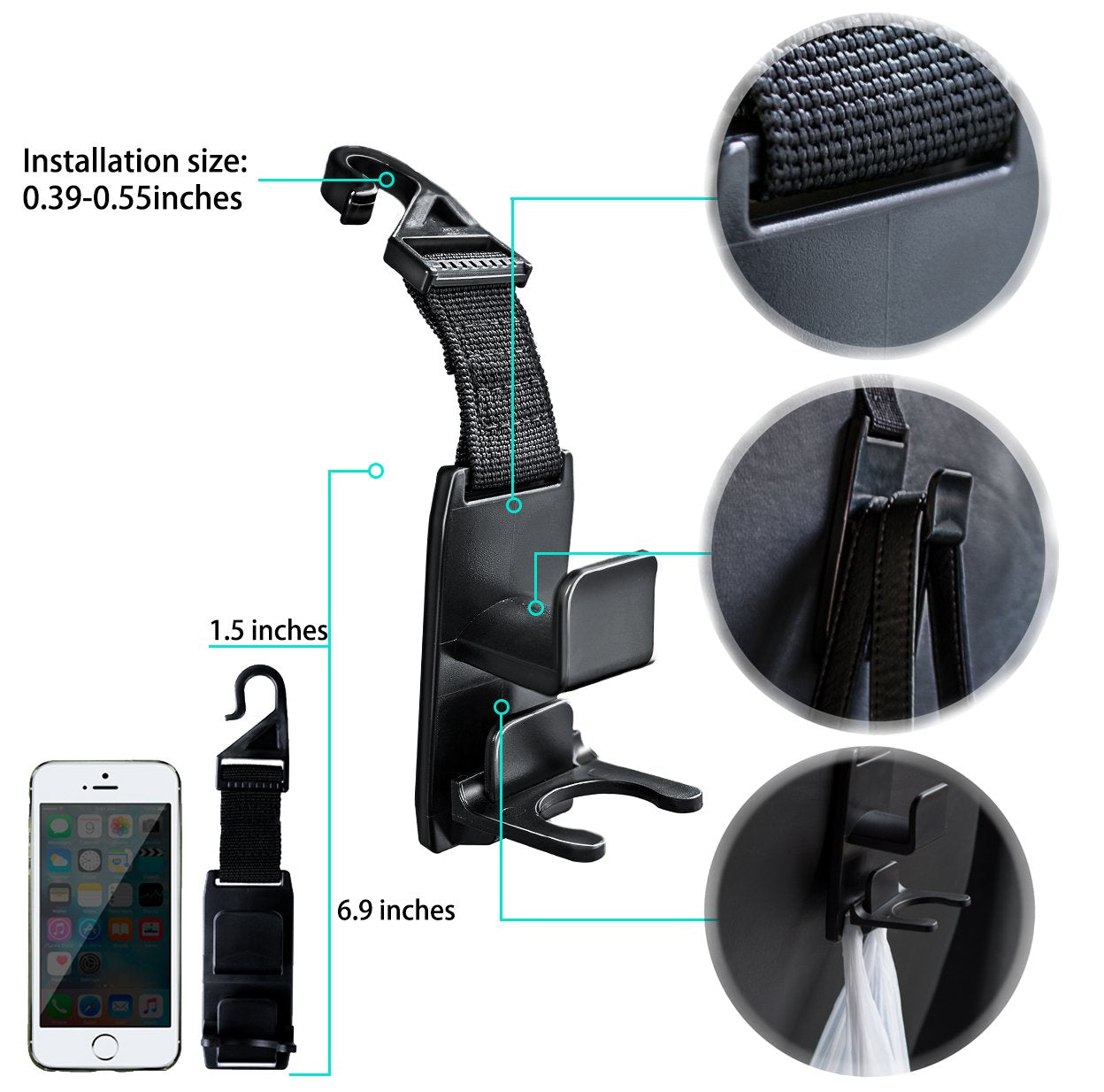 Heroway Magic Car Seat Hooks – Black, 4-Pack